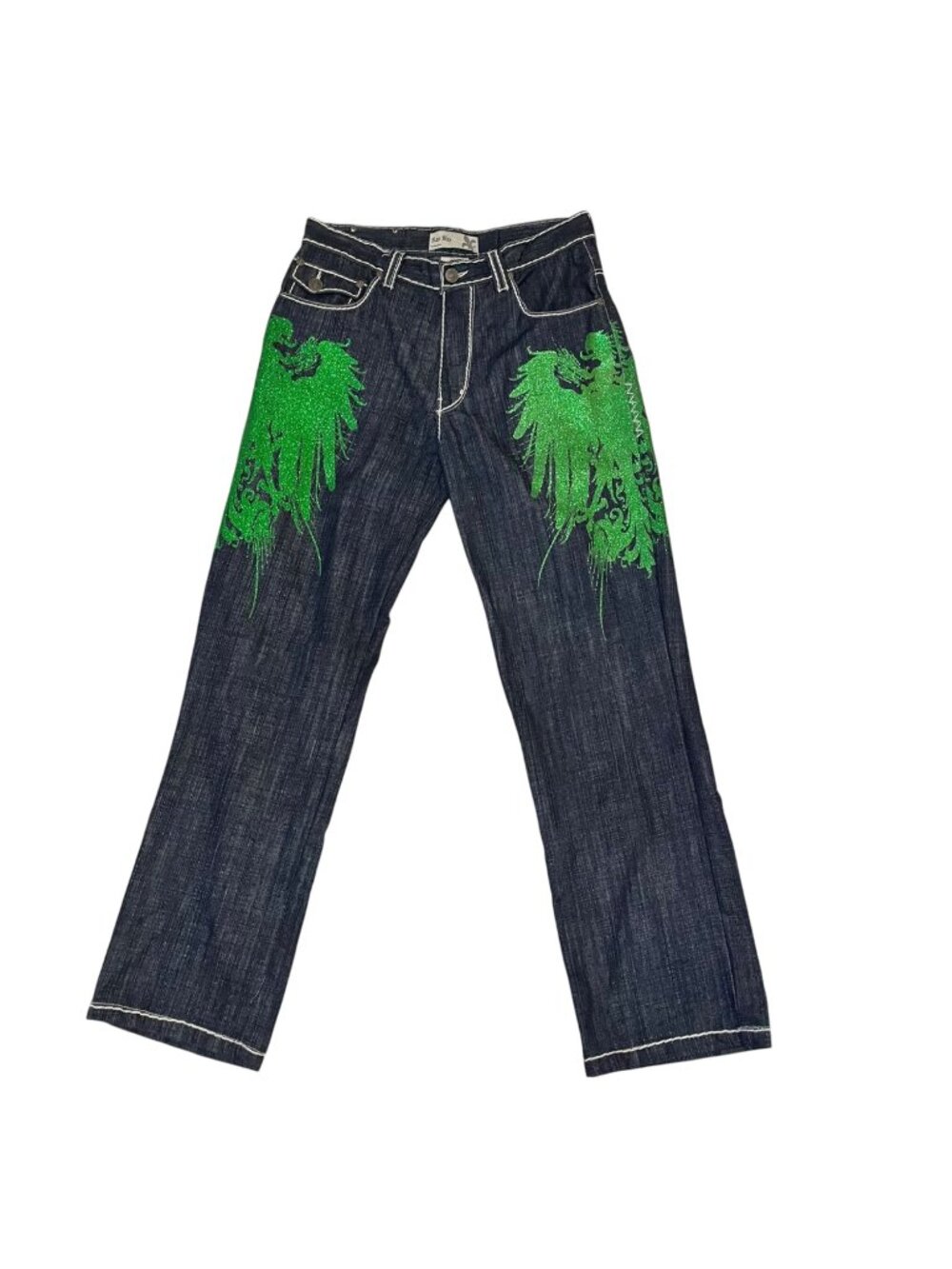 Rare Raw Blue Mens Straight Leg Jeans 32x32 Green Glitter Dragon Design
